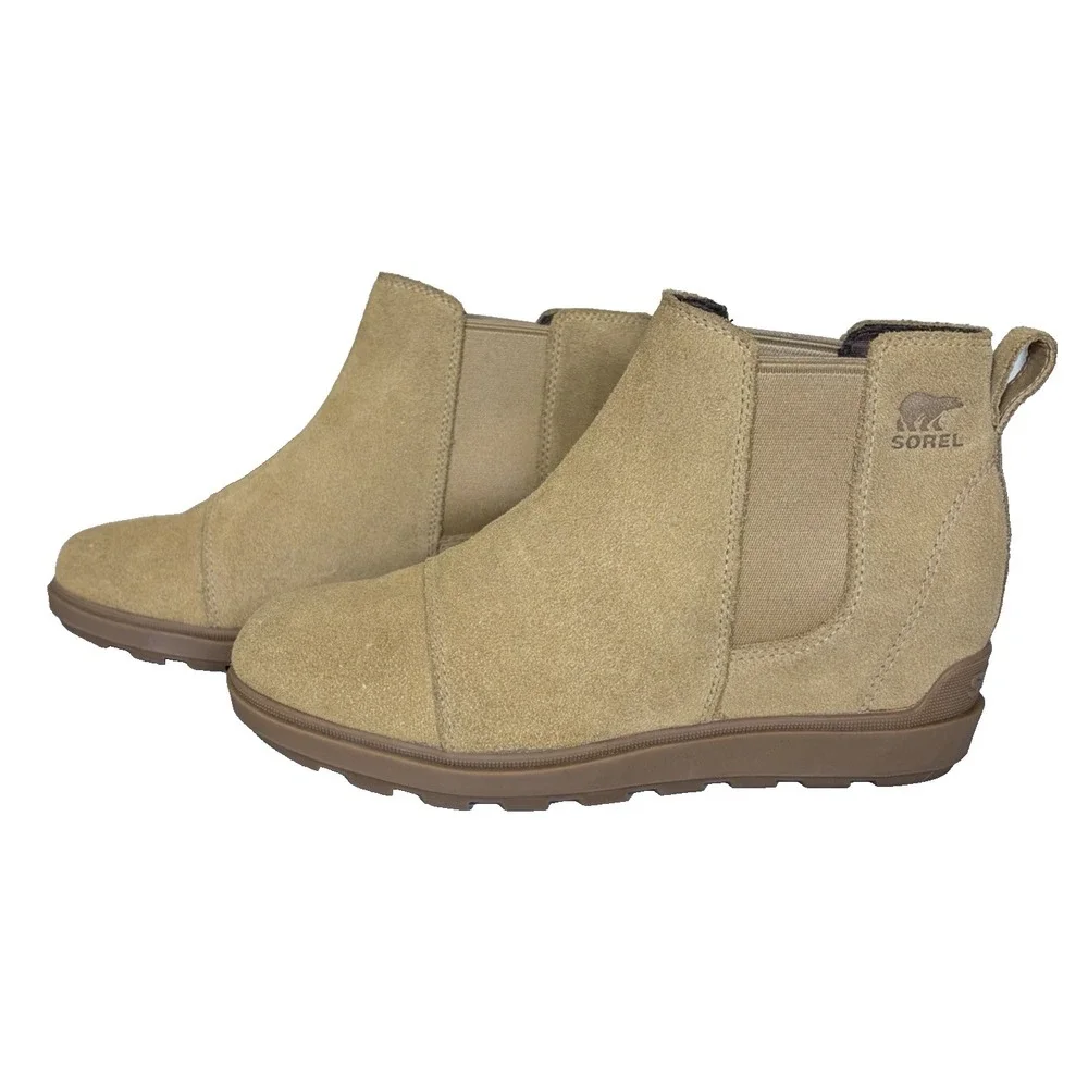 Sorel woman's Evie II Chelsea Size 8.5 Caribou Buff Gum Leather Waterproof Suede